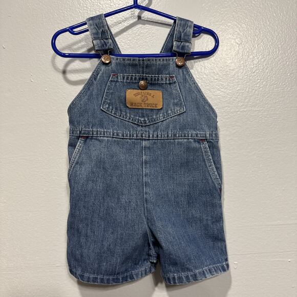 Vintage Baby Boy Bib Overalls Shorts Built Like A Mack Truck 18 Months USA Made - Picture 1 of 7